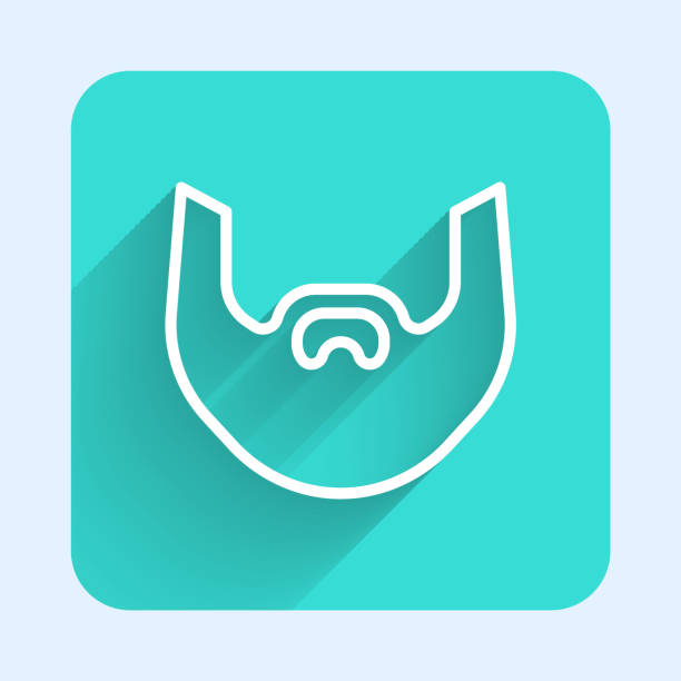 White line Mustache and beard icon isolated with long shadow background. Barbershop symbol. Facial hair style. Green square button. Vector.