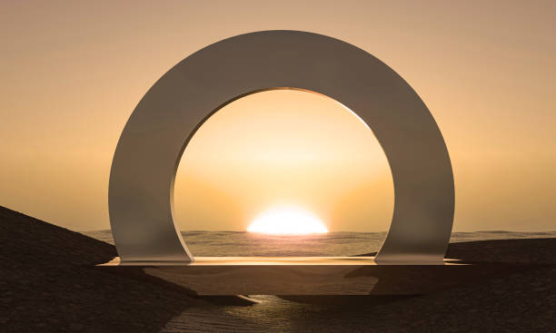 Architectural composition on surreal landscape with water. Gate, glossy portal with empty podium. 3d render illustration. Pedestal with abstract glass, mirror shapes and nature sand