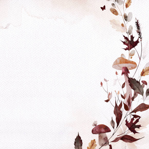 istock Watercolor autumn floral square template frame. Orange, brown, burgundy fall maple leaves, mushrooms, wild branches. 2176948188