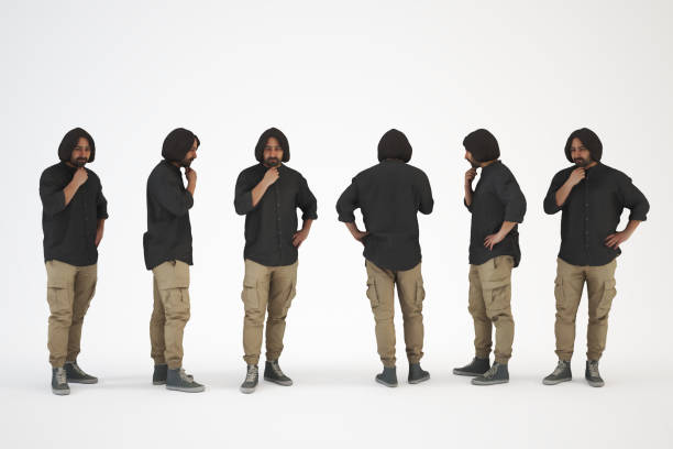 istock Man in black shirt and khaki pants posing thinking, seen from front, back and side. 3D rendering image. 2176949296