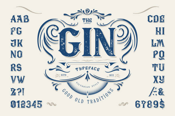 Font The GIN. Craft vintage typeface design. Font The GIN. Craft vintage typeface design. Graphic display alphabet. Fantasy type letters. Latin characters, numbers. Vector illustration. Old badge, label, logo template. victorian frame border stock illustrations