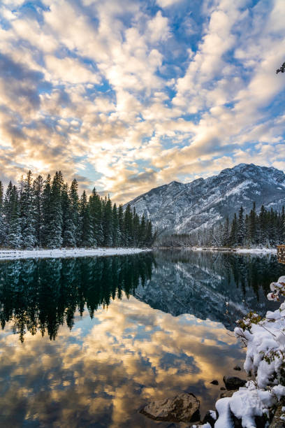 Maligne Lake in Alberta, Canada, in winter with snow covered mountains and turquoise colored water and a cloudy sky. Canada travel destination. Background