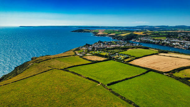 istock Aerial Coastal Landscape with Green Fields and Town in Cornwall, UK 2176962904