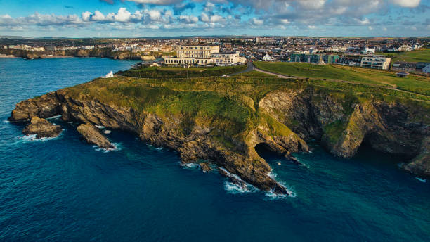 istock Coastal Aerial View with Hotel and Cliffs in Cornwall, UK 2176963806