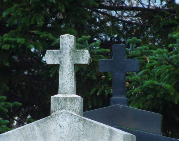 View of an old graveyard, close-up of  marble stone crosses , tombstones. Boisaca, Santiago de Compostela, Galicia, A Coruña province,  Spain.
