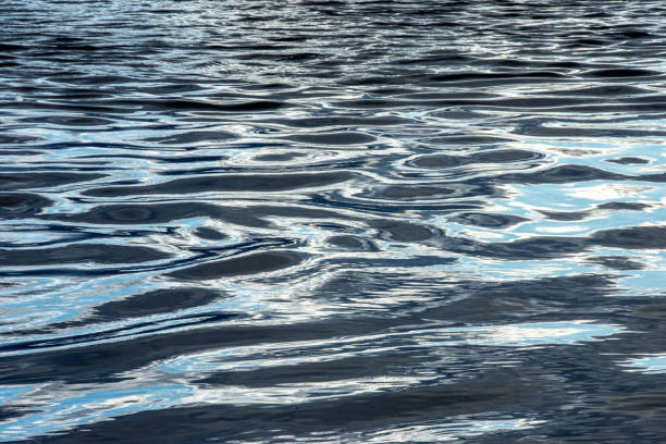 A natural abstract pattern photograph of blue ripples in water that can be used as a background.  The ripples are reflecting the sky and the landscape around the water.