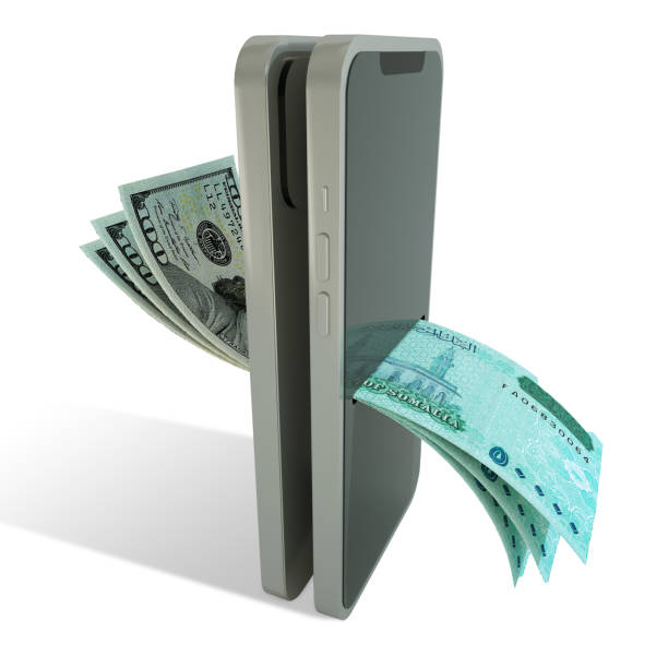 istock US dollar and Somali Shilling  notes exchanging through mobile phone, Online money transfer, electronic payment systems, Mobile banking. currency exchange concept. 2176984299