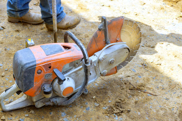 istock Gasoline fuel powered saw with a diamond blade for cutting concrete in a ready to use condition 2176996434