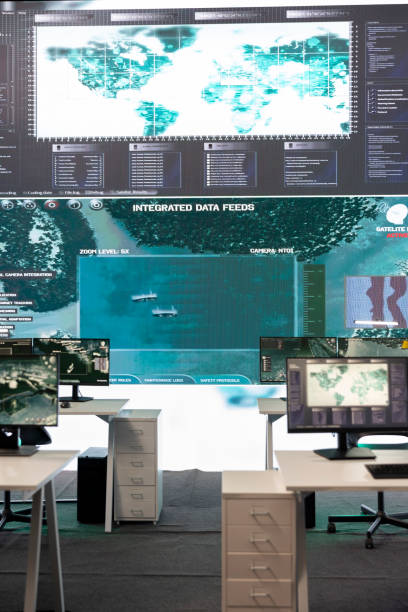 istock Empty military headquarters with big screen for reconnaissance and surveillance 2176997562