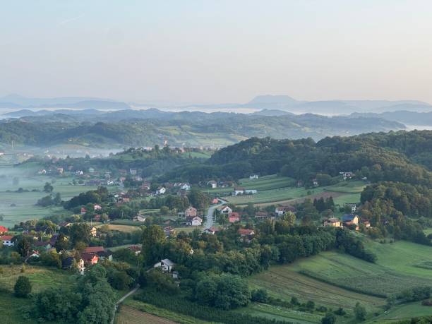 istock View of forests, fields, villages and Zagorje hills, during a panoramic balloon flight over Croatian Zagorje - Croatia (Panoramski let balonom iznad Hrvatskog zagorja - Hrvatska) 2177006442
