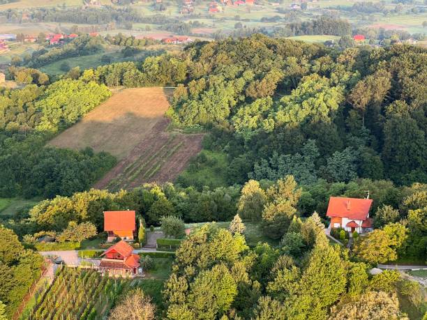 istock View of forests, fields, villages and Zagorje hills, during a panoramic balloon flight over Croatian Zagorje - Croatia (Panoramski let balonom iznad Hrvatskog zagorja - Hrvatska) 2177006608