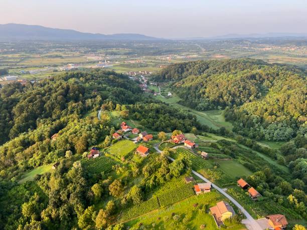 istock View of forests, fields, villages and Zagorje hills, during a panoramic balloon flight over Croatian Zagorje - Croatia (Panoramski let balonom iznad Hrvatskog zagorja - Hrvatska) 2177006614