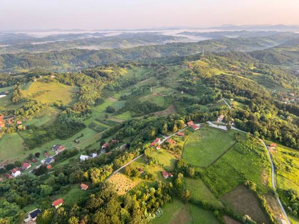 istock View of forests, fields, villages and Zagorje hills, during a panoramic balloon flight over Croatian Zagorje - Croatia (Panoramski let balonom iznad Hrvatskog zagorja - Hrvatska) 2177006659