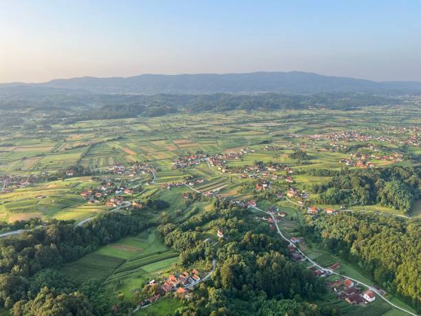 istock View of forests, fields, villages and Zagorje hills, during a panoramic balloon flight over Croatian Zagorje - Croatia (Panoramski let balonom iznad Hrvatskog zagorja - Hrvatska) 2177007046