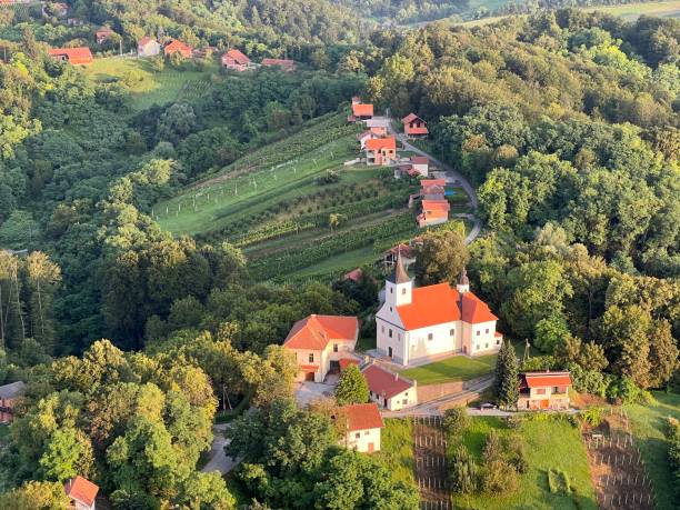 View of forests, fields, villages and Zagorje hills, during a panoramic balloon flight over Croatian Zagorje - Croatia (Panoramski let balonom iznad Hrvatskog zagorja - Hrvatska)