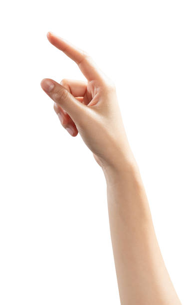 istock Clipping path, woman hand touching or pointing on isolated white background. 2177011513