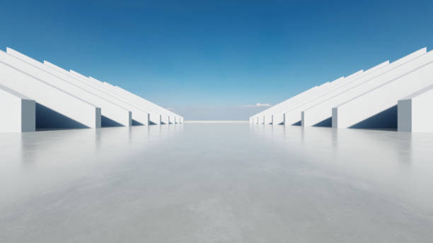 3d render of abstract modern concrete architecture with empty cement floor, minimal exterior, car presentation background