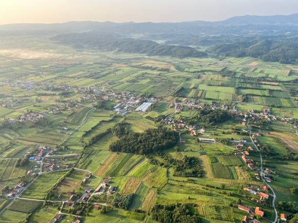 istock View of forests, fields, villages and Zagorje hills, during a panoramic balloon flight over Croatian Zagorje - Croatia (Panoramski let balonom iznad Hrvatskog zagorja - Hrvatska) 2177016728
