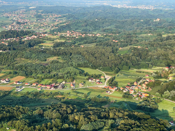 istock View of forests, fields, villages and Zagorje hills, during a panoramic balloon flight over Croatian Zagorje - Croatia (Panoramski let balonom iznad Hrvatskog zagorja - Hrvatska) 2177016732