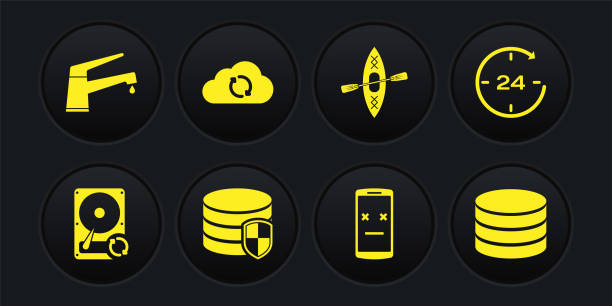 Set Hard disk drive HDD sync refresh, Clock 24 hours, Database protection, Dead mobile, Kayak and paddle and Cloud icon. Vector Set Hard disk drive HDD sync refresh Clock 24 hours Database protection Dead mobile Kayak and paddle and Cloud icon. Vector. water backup stock illustrations