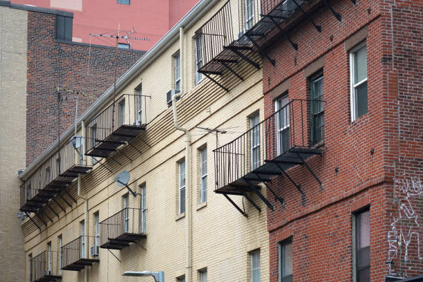 Close up on ancient brick wall apartment building on Boston downtown