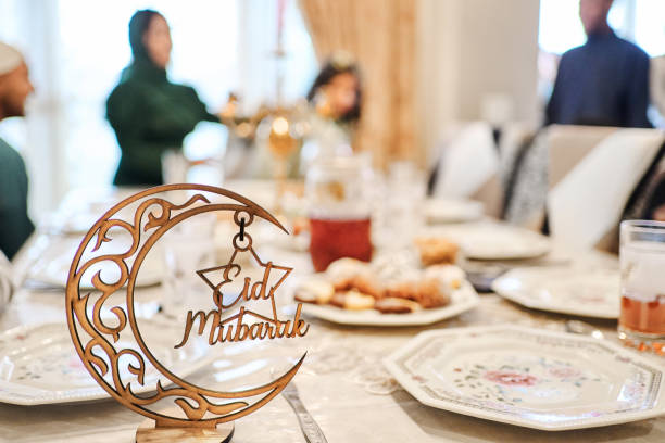 Eid Mubarak decoration on a dining table at home during Ramadan
