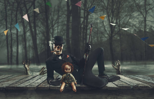 Scary horror vintage doll Creepy doll Halloween concept, Close up of Ghost doll mystic in abandoned places background