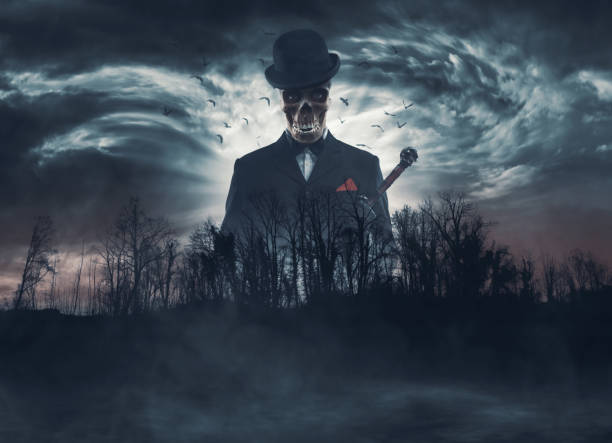 Scary evil demon with skull head in the sky and dark creepy forest at night