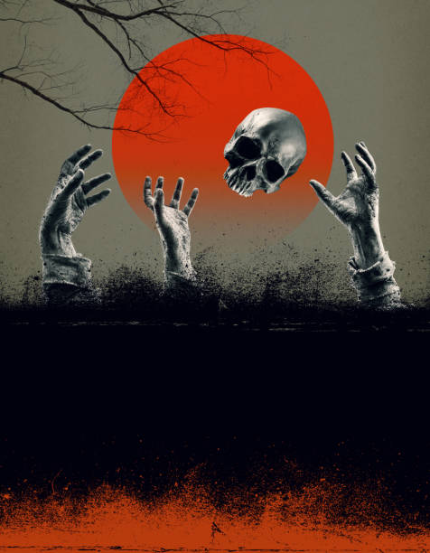 Scary zombie hands coming out of the ground and playing with a human skull, creative poster with copy space