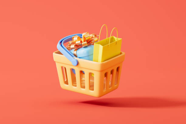 istock 3d rendering cartoon e-commerce shopping basket with gift and shopping bag 2177040146