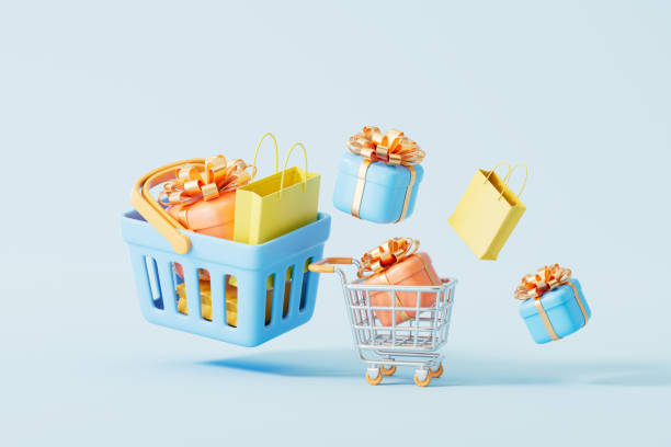 istock 3d rendering e-commerce shopping title picture with shopping basket and shopping carts 2177040175