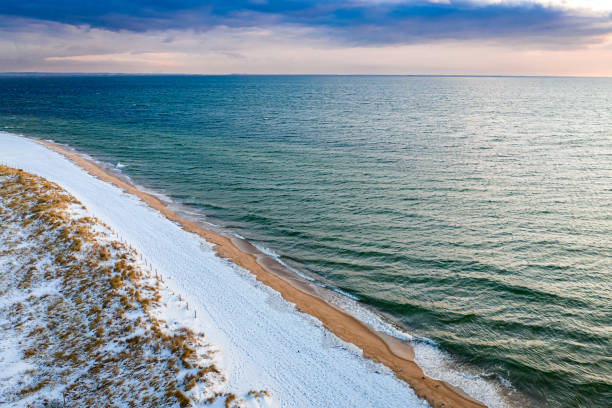 Winter at Baltic Sea. Snowy Hel peninsula. Aerial view of Poland, Europe