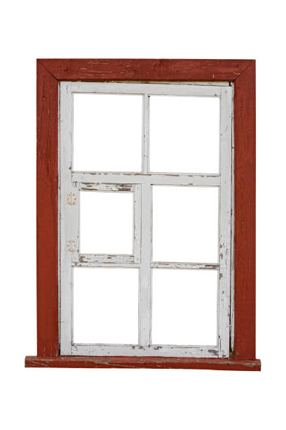 istock White old wooden window in brown frame is isolated. 2177046017