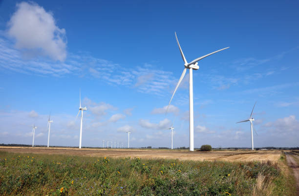istock wind farm generating electricity using strong winds with massive wind turbines installed in a cultivated field 2177051873