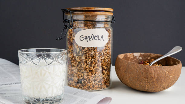 istock Homemade granola in a jar, black background 2177055618