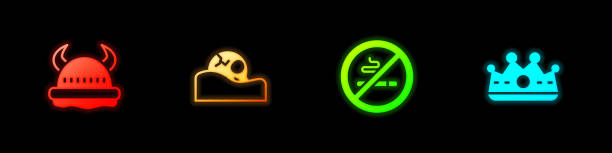 Set Viking in horned helmet, Human skull, No Smoking and King crown icon. Vector Set Viking in horned helmet, Human skull, No Smoking and King crown icon. Vector. people halloween nicotine tobacco stock illustrations
