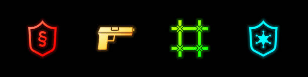 istock Set Justice law in shield, Pistol or gun, Prison window and Police badge icon. Vector 2177061008