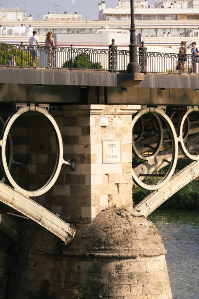 Triana Bridge (Puente de Triana) and Castle of San Jorge (Castillo de San Jorge) at Guadalquivir River at sunset - Seville, Andalusia, Spain