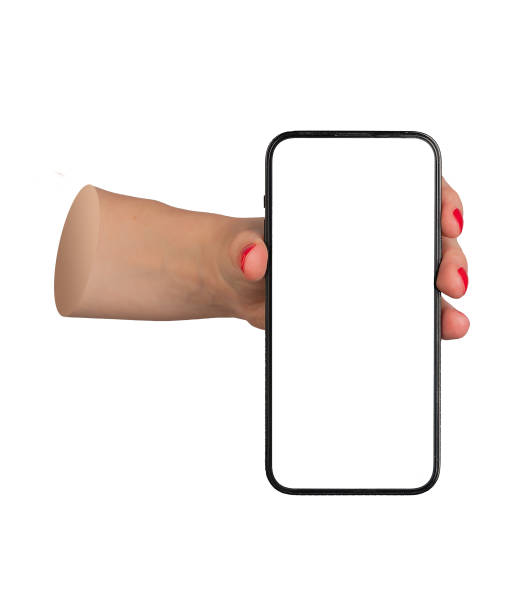 istock Woman holding a smartphone, showing a blank screen, isolated on white background. Mobile device for 2177064663
