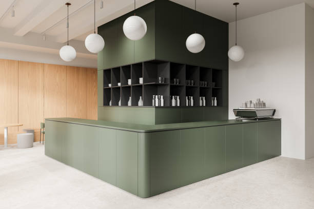 istock Modern cafe interior with green counter and wooden accents. 3D Rendering 2177066018