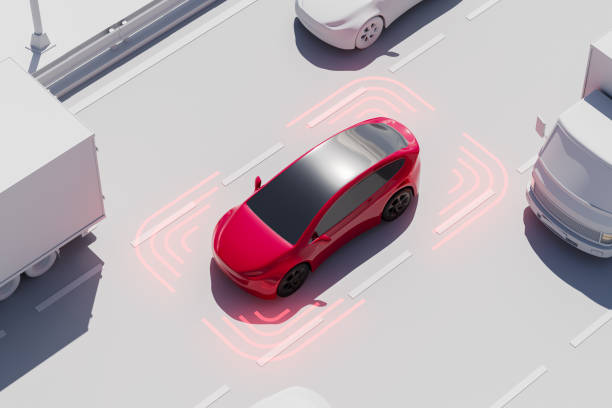 istock A red car with active sensors drives autonomously on a highway, surrounded by other vehicles. Modern, innovative transportation on a gray background. Concept of autonomous driving. 3D Rendering 2177066067
