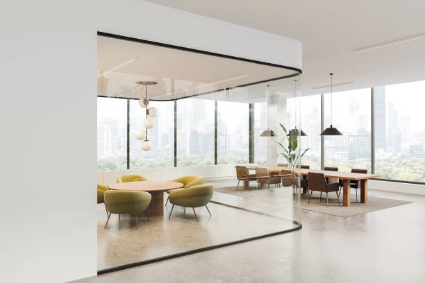 istock Modern open space office with large windows showcasing a city view. Features contemporary furniture and clean design. Concept of a productive workspace. 3D Rendering 2177066467