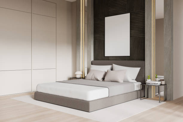 istock Beige hotel bedroom interior with bed and decoration. Mock up frame 2177066856