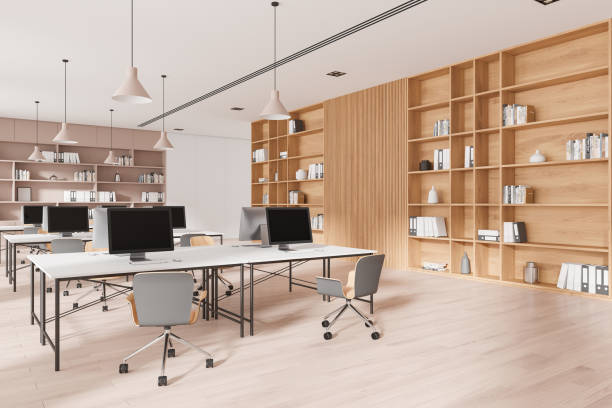 istock Modern office interior with open space and wooden shelves. 3D Rendering 2177067405