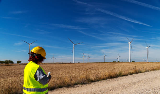 istock Wind turbine inspector observing wind farm on a clear day 2177068842