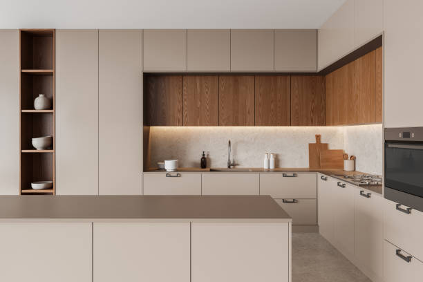 istock Cozy home kitchen interior with cooking cabinet, bar island and kitchenware 2177072059