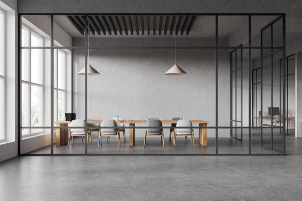 istock Glass office interior with meeting table and coworking space, panoramic window 2177072086