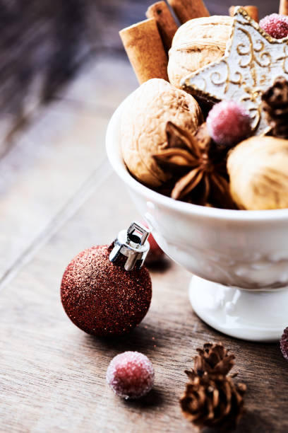 istock Christmas decoration on rustic wooden background. Close up. 2177078533
