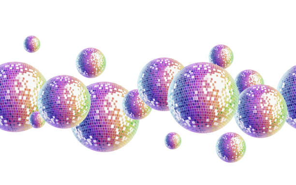 Seamless border from retro disco ball in the style of 80s and 90s as a disco symbol.Volumetric 3 d ball.Watercolor illustration isolated on white for websites, posters, theme party cards Seamless border from retro disco ball in the style of 80s and 90s as a disco symbol.Volumetric 3 d ball.Watercolor illustration isolated on white for websites, posters, theme party cards. High quality illustration 70s theme stock illustrations