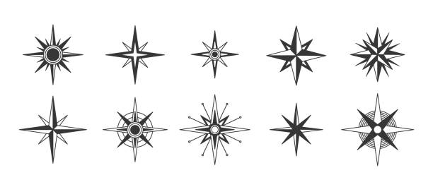 Collection Of Diverse Compass Rose Symbols In Black And White Design Illustrating Navigation And Direction Elements For Maps And Antique Themes. Monochrome Isolated Wind Rose Icons